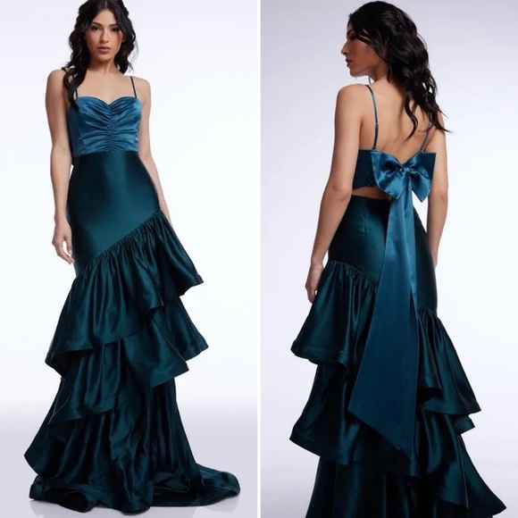 Dress the Population Clarice Tiered Ruffle Satin Gown in Pine Emerald Green - S - Picture 2 of 8